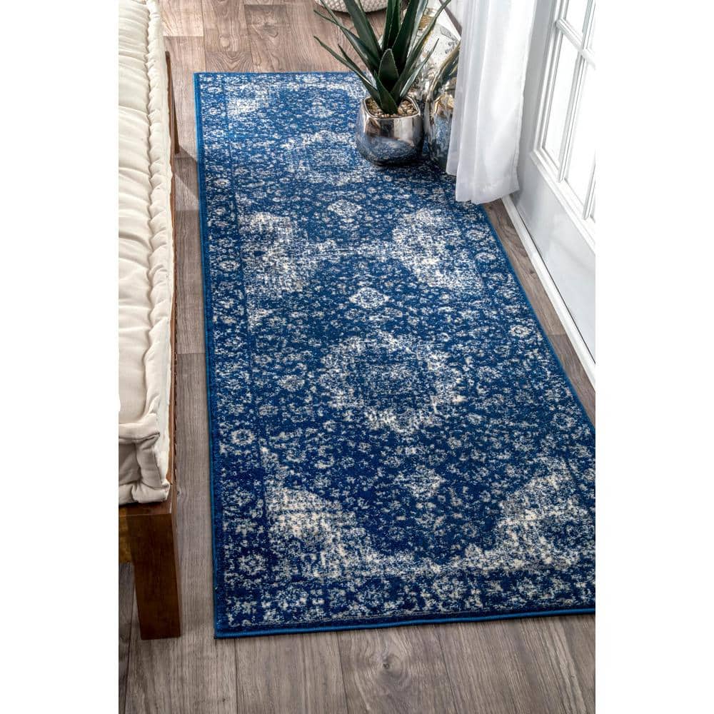 Dark Blue Synthetic Vintage Persian Runner Rug, 2' 6" x 6'