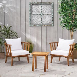 Barton Teak Brown 3-Piece Wood Outdoor Patio Conversation Seating Set with White Cushions