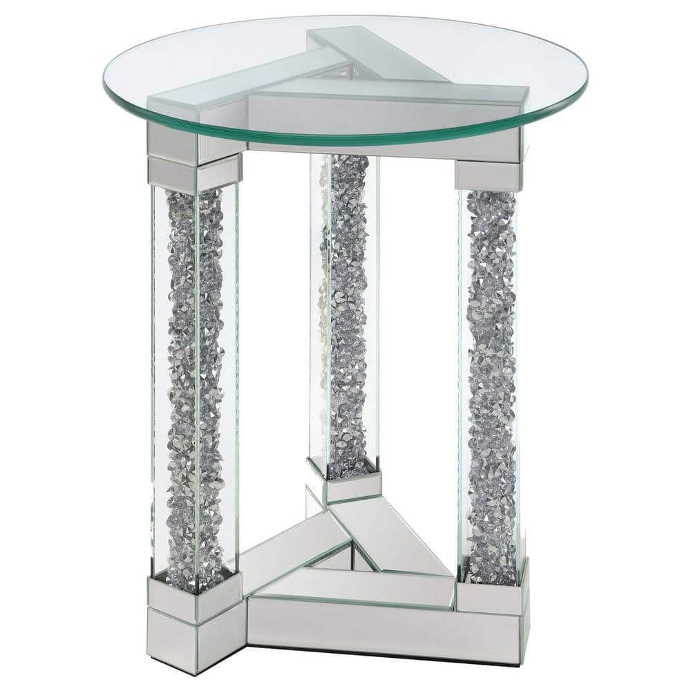 Round Mirrored Glass Accent Table with Silver Encrusted Legs
