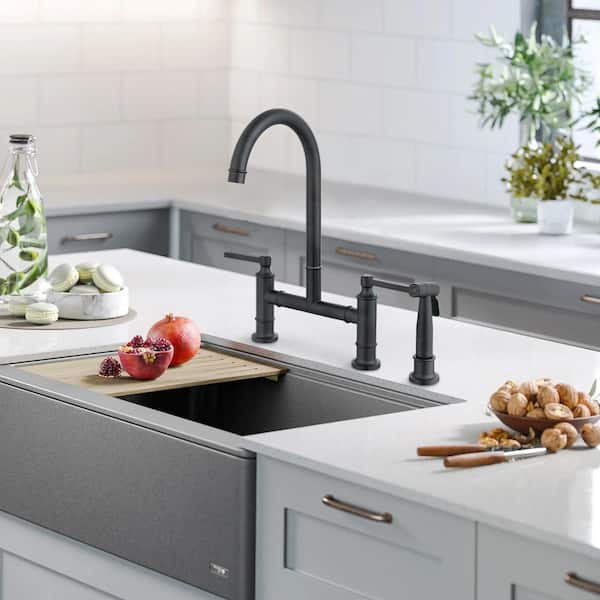 Unbranded Double Handle Bridge Kitchen Faucet with Side Spray, Stainless Steel, 360° Swivel in Black