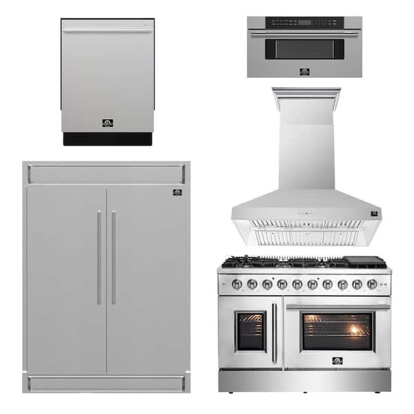 5-Pieces Range,French Door Refrigerator, 24 in. Built-In Tall Tub Dishwasher,Microwave Drawer,Range Hood Stainless Steel