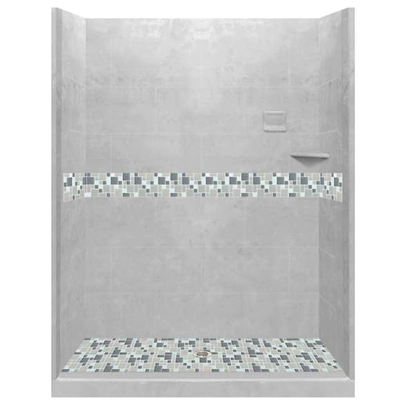 American Bath Factory Newport 60 in. L x 42 in. W x 80 in. H Center Drain Alcove Shower Kit with Shower Wall and Shower Pan in Portland Cement