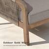 Outdoor sofa with solid wood finish and rope details.