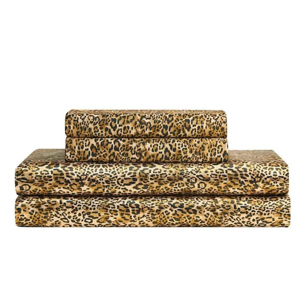 Silky Satin 4-Piece Monica Leopard Animal Print Microfiber King Deep Pocket Sheet Set