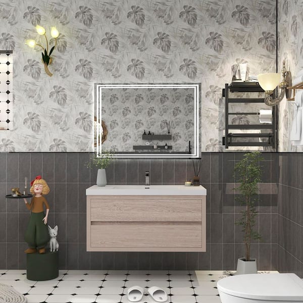 BV Better Vanity Louis 42 in. W x 20 in. D x 22 in. H Single Sink Floating Bath Vanity in Pink Wood with White Acrylic Top