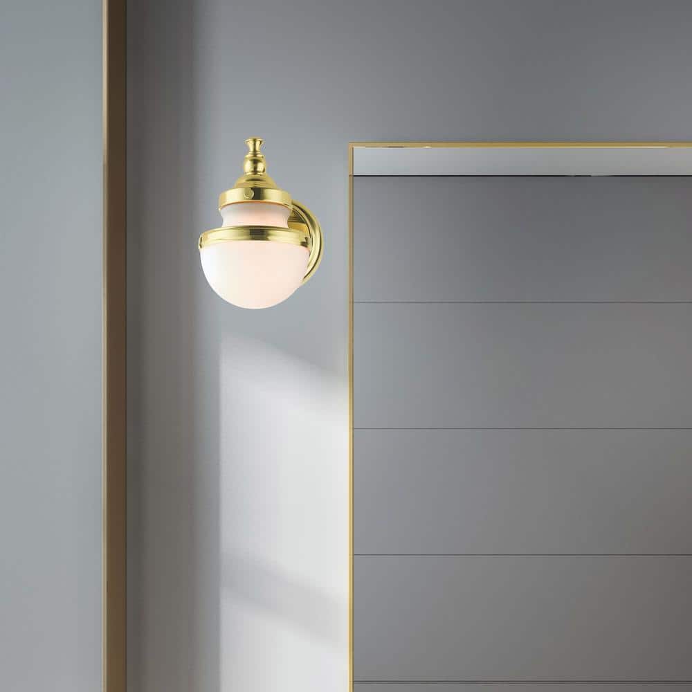 Oldwick Polished Brass 1-Light Sconce with Satin Opal White Glass