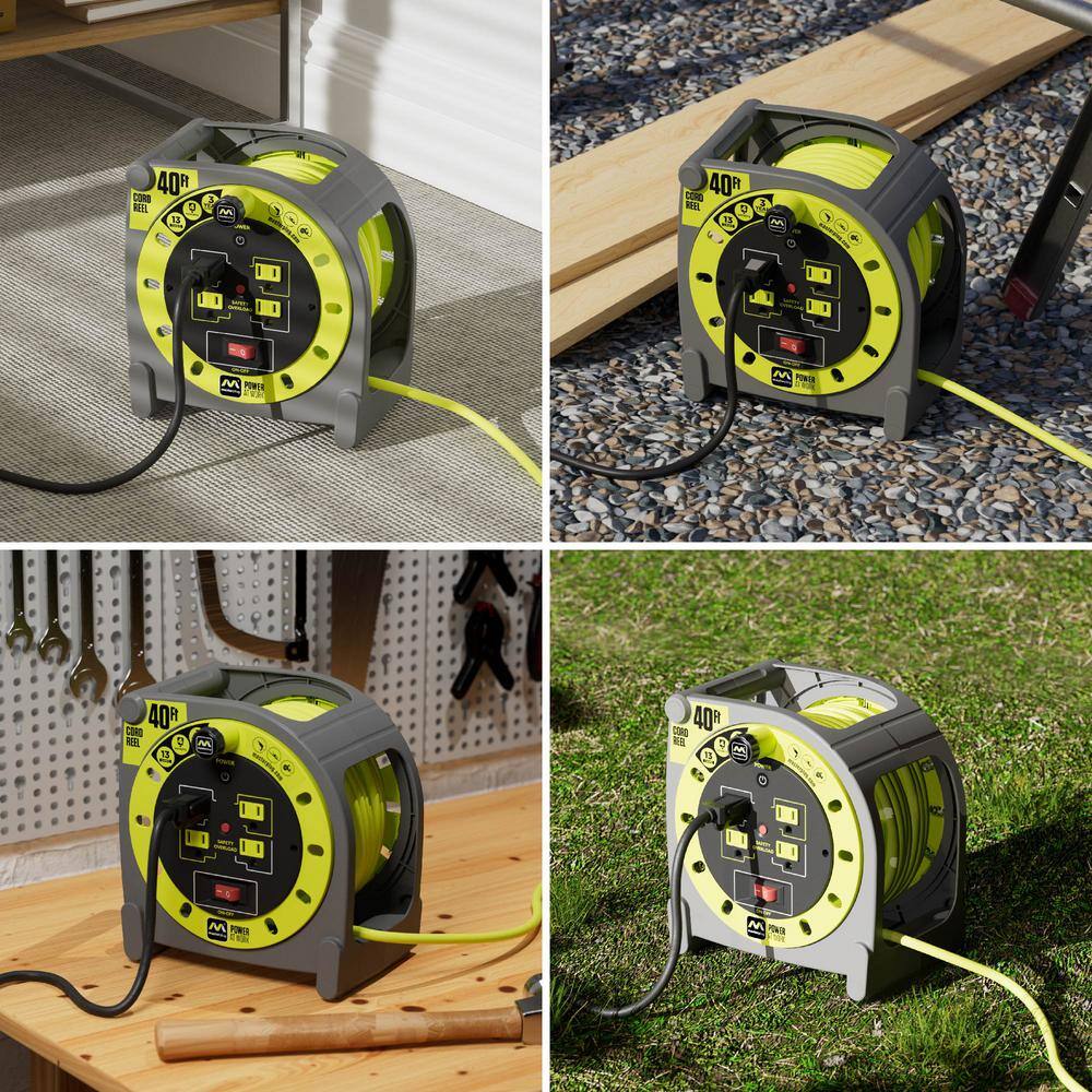 40ft Gray and Yellow PVC Extension Cord Reel with 4 Outlets