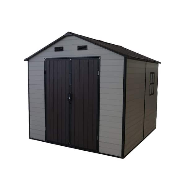 Rod 8 ft. W x 8 ft. D White+Brown Resin Outdoor Patio Storage Shed with Floor, Windows, Lockable Door (61.16 sq. ft. )