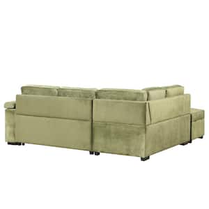 87.40 in. Straight Arm Velvet L-Shaped Sofa in Green with Storage Ottoman, Sofa Bed