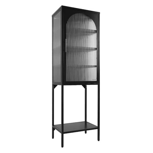 Miscool Anky 19.7 in. W x 13.8 in. D x 63 in. H Black Freestanding Bathroom Linen Cabinet with Fluted Glass Arched Door