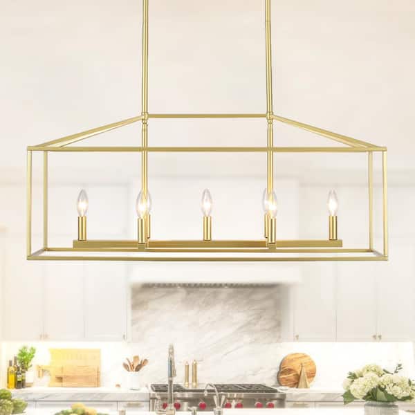 7-Light Gold Modern Linear Rectangle Candlestick Chandelier with Metal Square Cage Shades for Kitchen Island