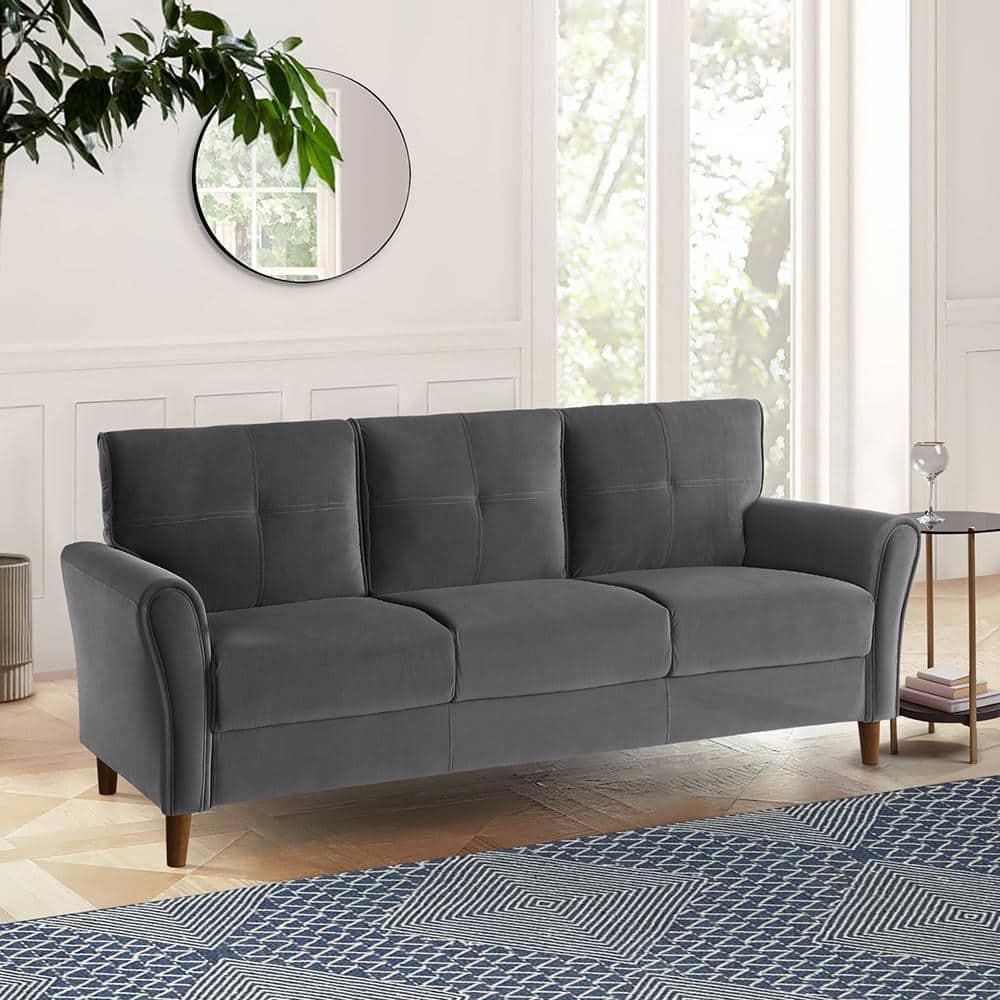 Gray Velvet Tufted Sofa with Walnut Wood Legs