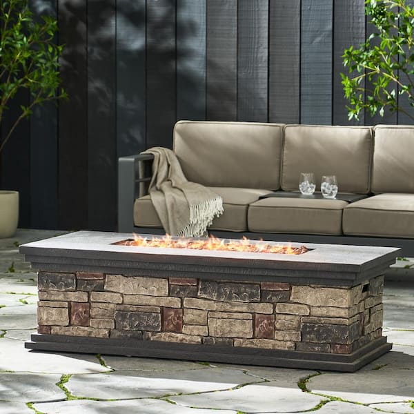 Noble House Fox Stone Rectangular Stone Outdoor Patio Fire Pit (No Tank Holder)