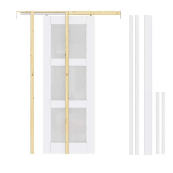 28 in. x 80 in. 3-Lite Frosted Glass Primed White Wood Sliding Pocket Door with Pocket Door Frame, Jamb and Hardware Kit