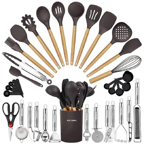 Aoibox 35-Piece Wooden Handle Nonstick Silicon Kitchen Utensils Cookware Set w/Grater, Tongs, Spoon Spatula & Turner, Dark Gray