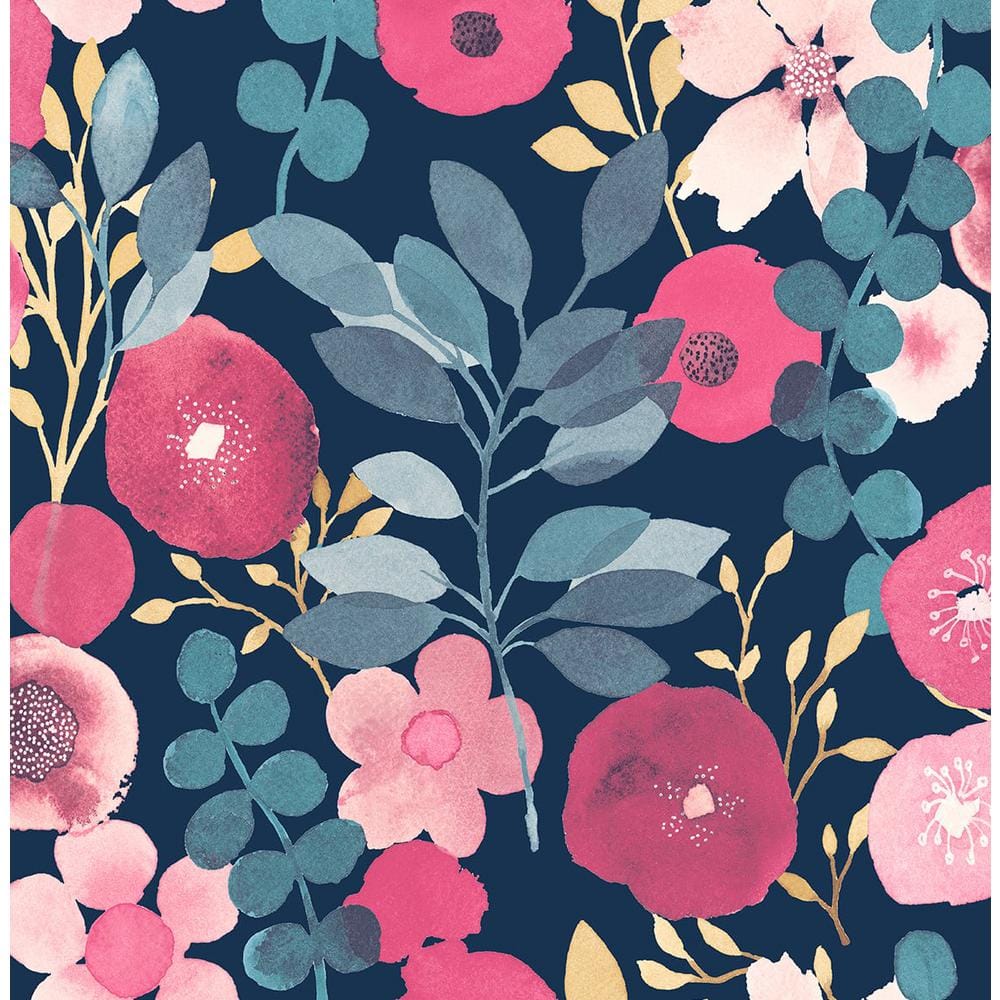 NextWall 30.75 sq. ft. Navy and Magenta Garden Dance Vinyl Peel and ...