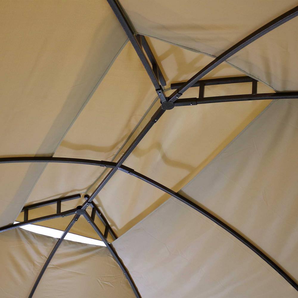 Tan Soft-Top Patio Gazebo with Screens and Privacy Walls