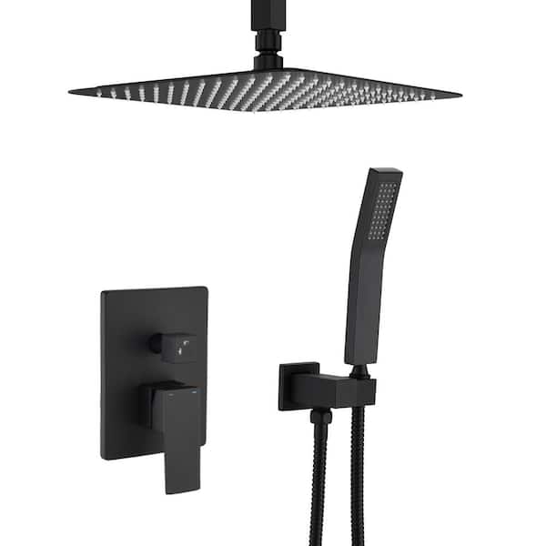 PROOX 2-Handle 2-Spray Square High Pressure Shower Faucet with 10" Ceiling Shower Head in Matte Black (Valve Included)