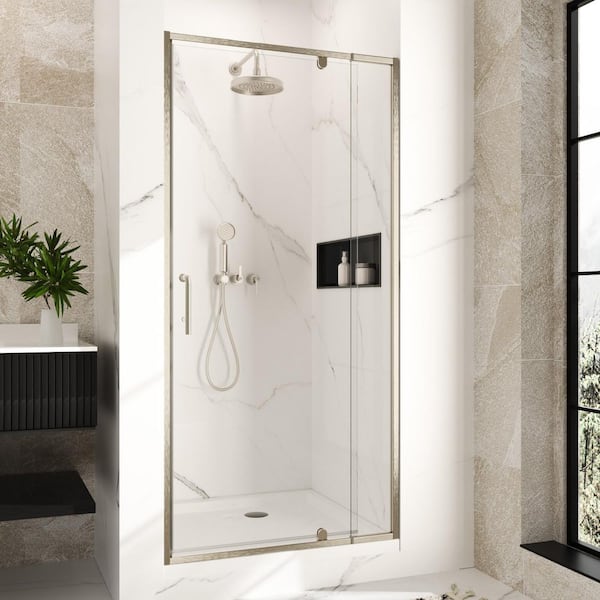 32 in.-36 in. W x 72 in. H Framed Pivot Shower Door in Brushed Nickel with Clear Glass