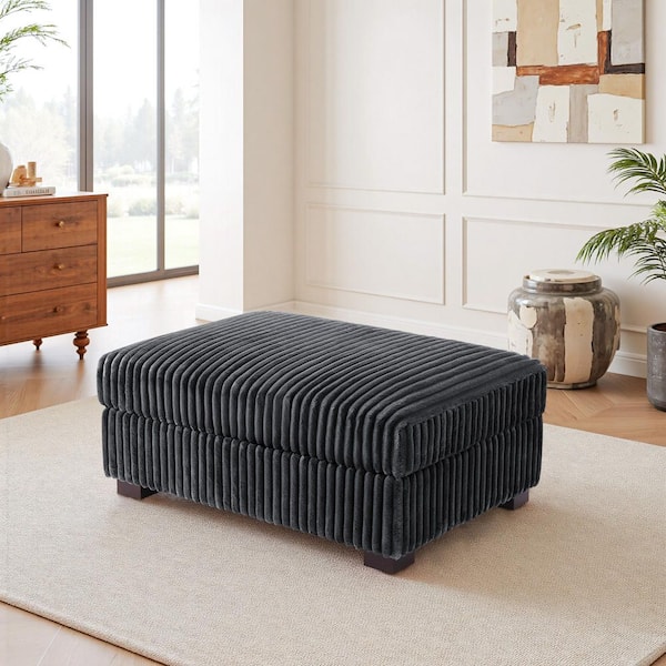 Gray Faux Rabbit Fur Polyester Rectangle Accent Ottoman (Set of 1)