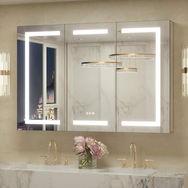 48 in. W x 32 in. H Rectangular Aluminum Medicine Cabinet with Mirror 3-Color Lights and Outlets, Recessed/Surface Mount