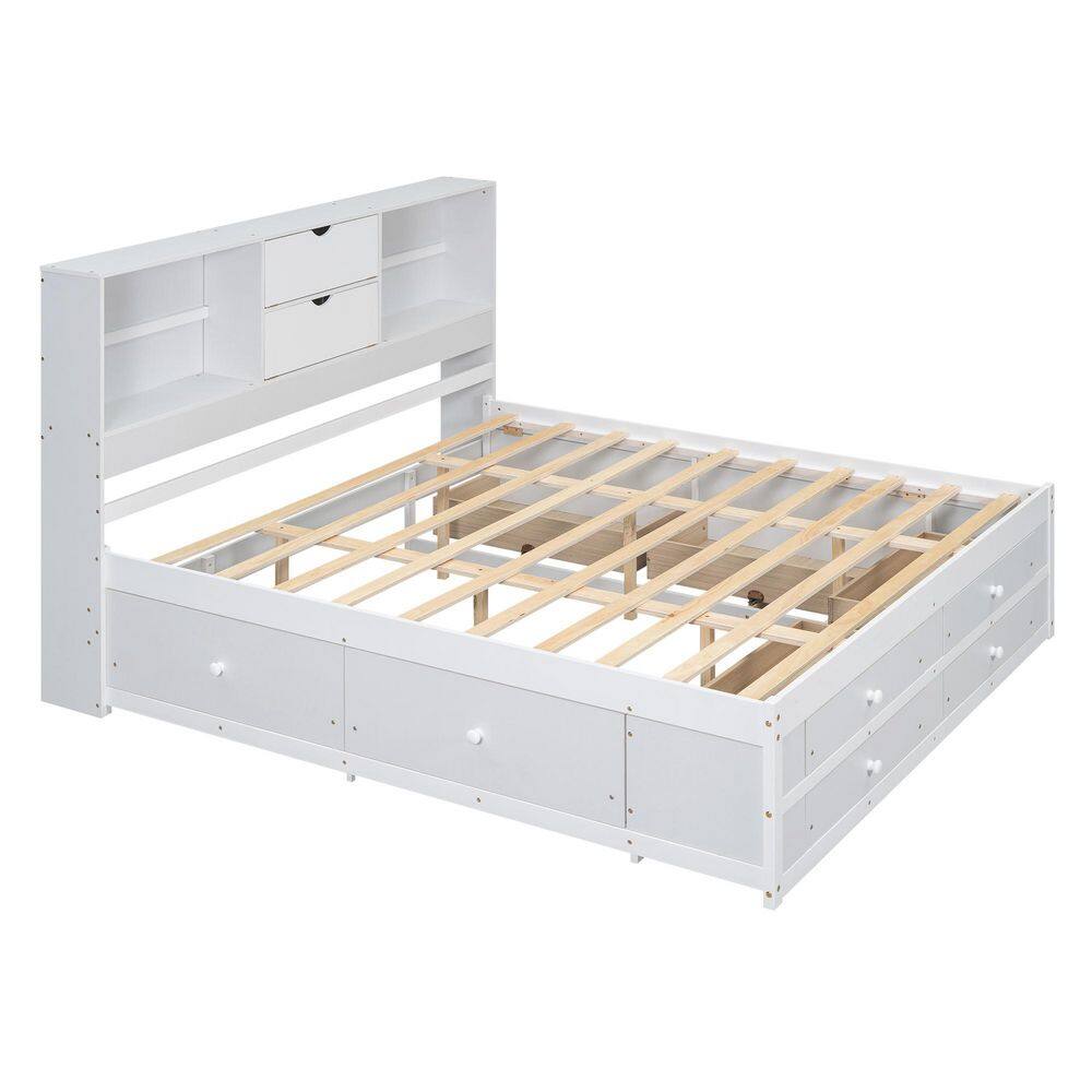 Gray Wood Frame King Size Platform Bed with Storage Headboard and 8 Drawers - thumbnail 2