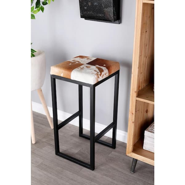Litton Lane 29 in. Walnut Brown Square Bar Stool with White Accents