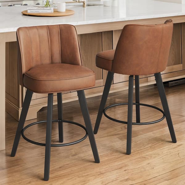 Paul 26 in. Brown Modern Faux Leather 360° Swivel High Back Barstool Upholstered Solid Wood Counter Height stool