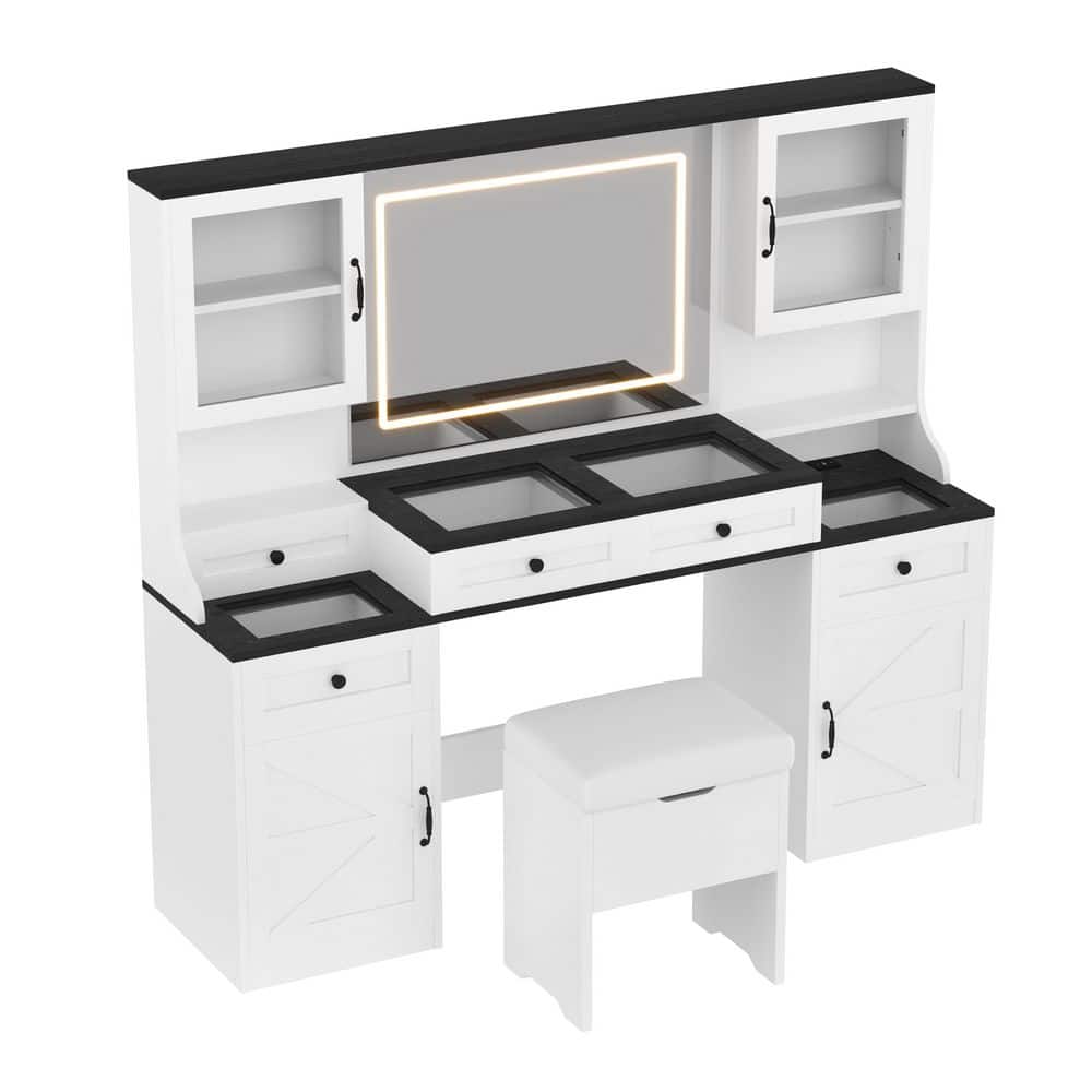 2-Piece White Makeup Vanity Set with Mirror, LED Lights, Drawers, Glass Visual Desktop and Cushion Stool - thumbnail 4