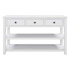 Mandy 50 in. Rectangular White Retro and Modern Design Console Table with 3-Top-Drawers and 2-Open Shelves