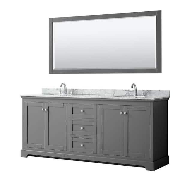 Wyndham Collection Avery 80 in. W x 22 in. D Bath Vanity in Dark Gray with Marble Vanity Top in White Carrara with White Basins and Mirror