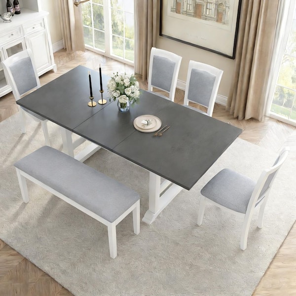 7-Piece White/gray Extendable Wood Top Dining Room Set Seats 6
