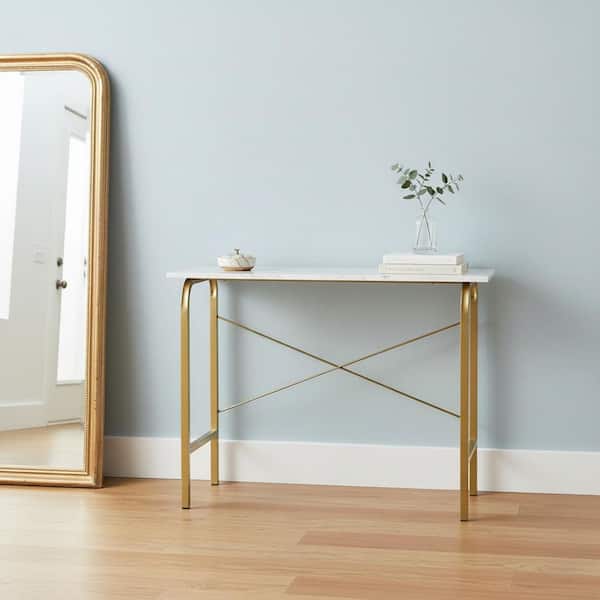 39.37 in. L x 29 in. H Rectangular Home Office Desk Modern Faux Marble Top and Brass Frame