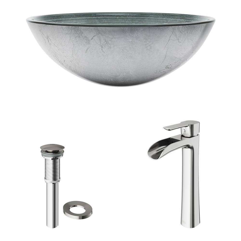 Simply Silver Round Glass Vessel Sink with Brushed Nickel Faucet