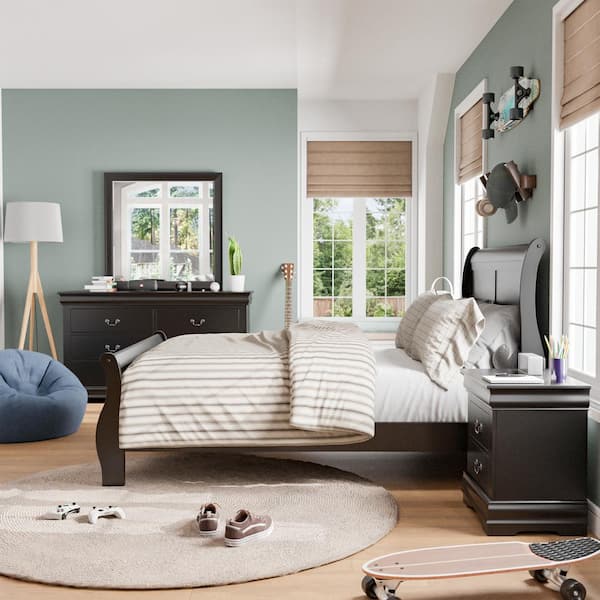 Furniture of America Burkhart 3-Piece Black Wood Twin Bedroom Set With 2-Nightstands