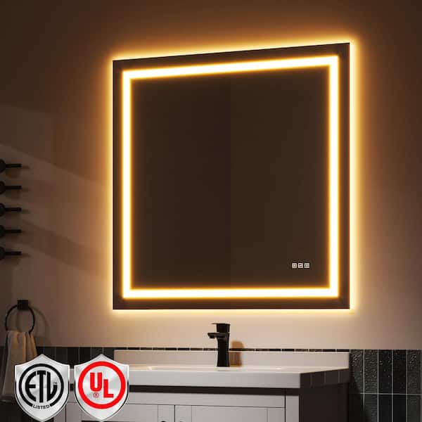 ORGANNICE 36 in. W x 36 in. H Rectangular Frameless LED Light Anti-Fog Bathroom Wall Mirror with Backlit and Front Light
