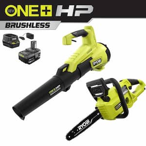 ONE+ HP 18V Brushless Cordless Battery 110 MPH 350 CFM Leaf Blower and 10 in. Chainsaw with 4.0 Ah Battery and Charger