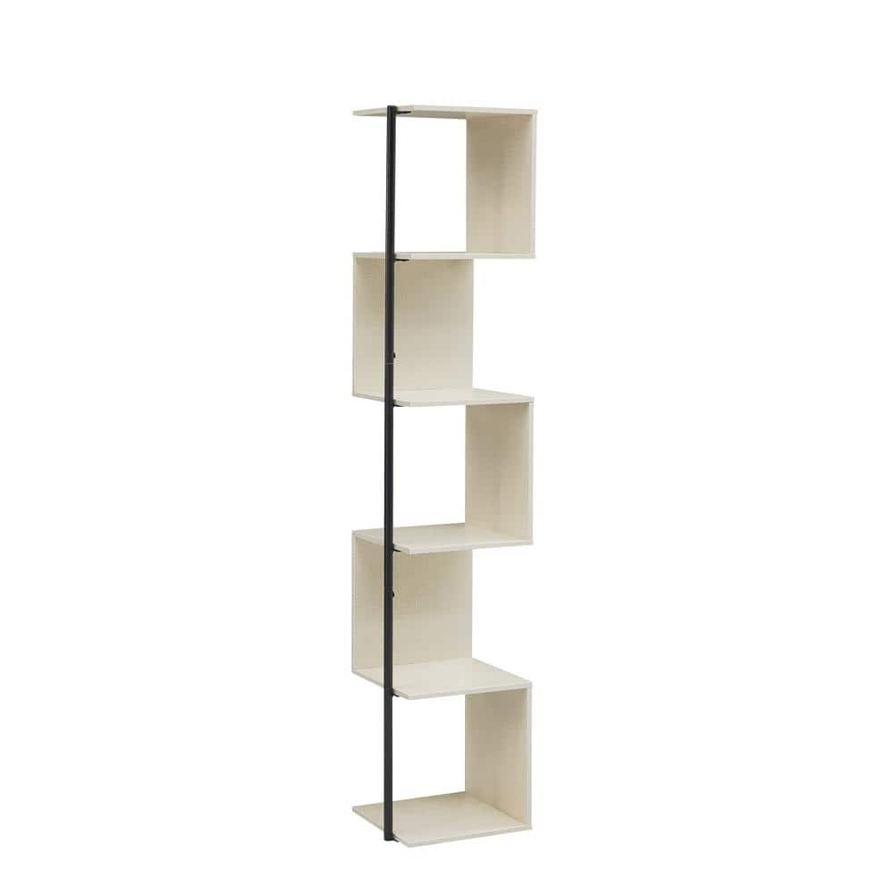 Cream Weave 5-Shelf Corner Bookcase with Black Metal Support