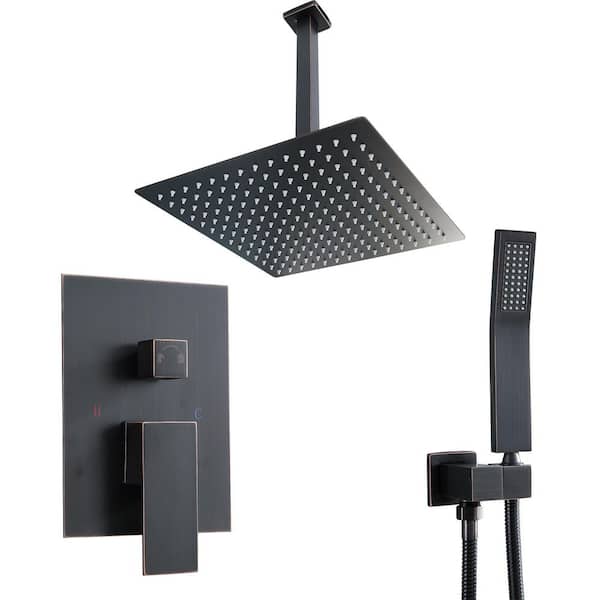Logmey 2-Spray Patterns with 1.8 GPM 16 in. Ceiling Mount Rough-in Valve Trim Kit Dual Shower Head in Oil Rubbed Bronze