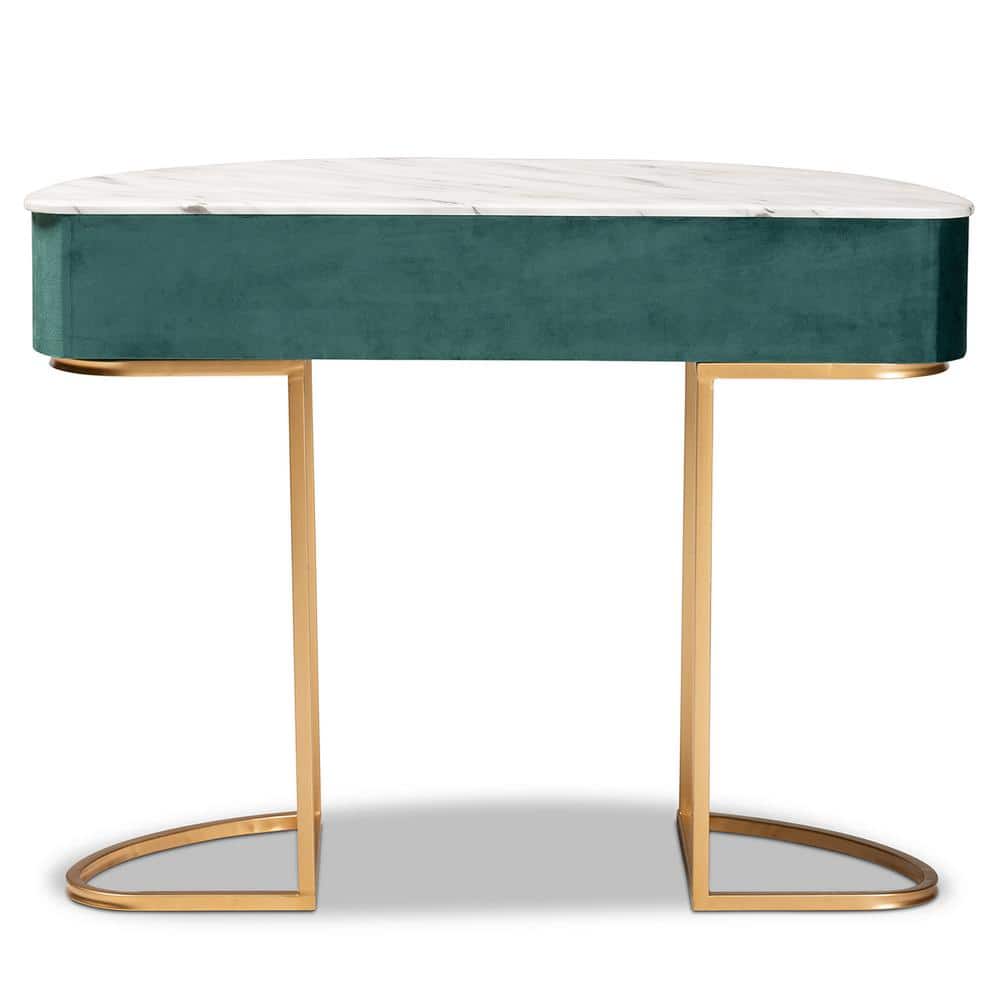 Luxurious Green Velvet and Gold 40" Console Table with Faux Marble Top