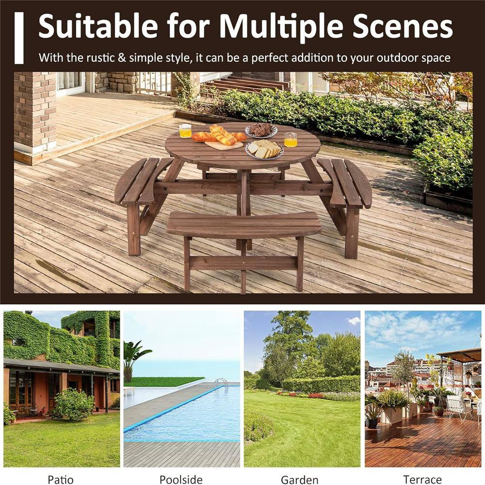 Brown Fir Wood Round Picnic Table Set with Umbrella Hole