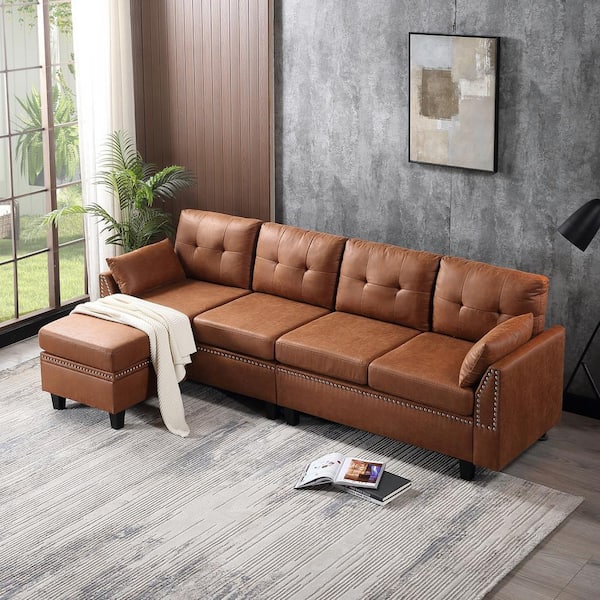 4 Seaters L Shaped Sectional Sofa Couch, Tan Brown Sofa Bed
