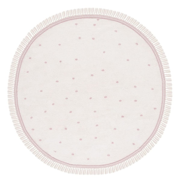 Easy Care Ivory/Pink 6 ft. x 6 ft. Machine Washable Spotted Fringe Round Area Rug