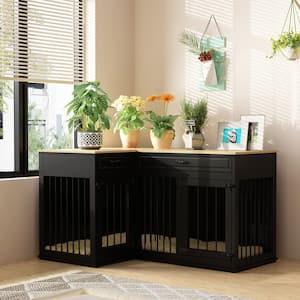 Black Dog Crate Furniture for 2 Dogs, Large Wooden Double Dog Kennel Corner Dog House Cage with Drawers for Medium Dogs