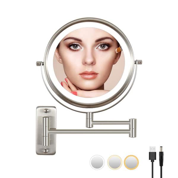 Unbranded 16.8 in. W x 12 in. H Round Magnifying, Lighted Wall Bathroom Makeup Mirror in Brush Nickel
