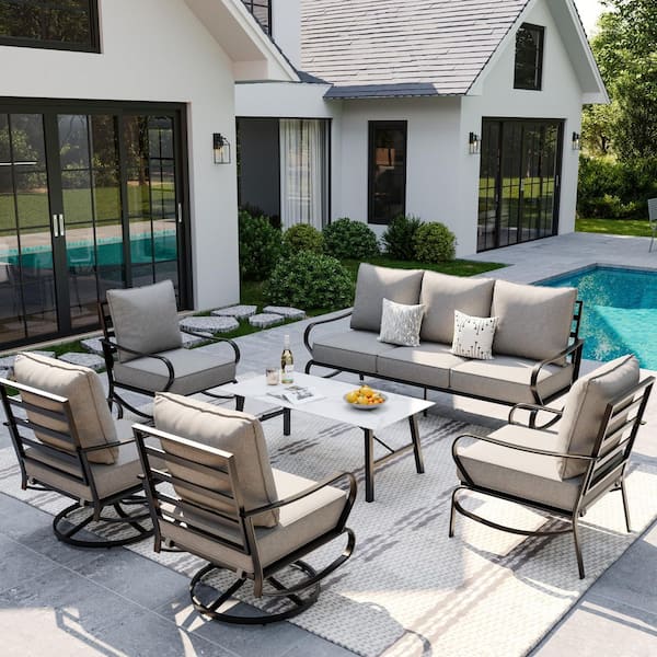 Gray 7-Person 6-Piece Iron Metal Patio Conversation Set With Gray Cushions.