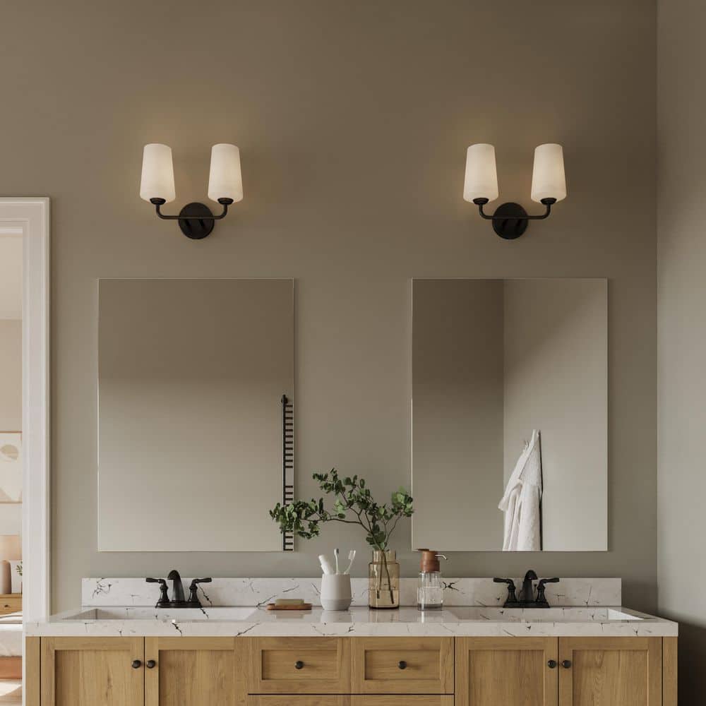 Celino 14 in. 2-Light Black Bathroom Vanity Light with White Glass Shade price history on PriceWatchPro