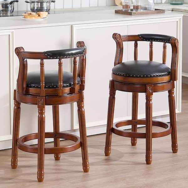 Pound 33.9 in. H Black Solid Wood Bar Stool with Genuine Leather Seat, Swivel Counter Height Chair with Back (1 Pack)