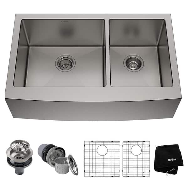 KRAUS Standart PRO 36 in. Farmhouse/Apron-Front 60/40 Double Bowl 16 Gauge Satin Stainless Steel Kitchen Sink with Accessories