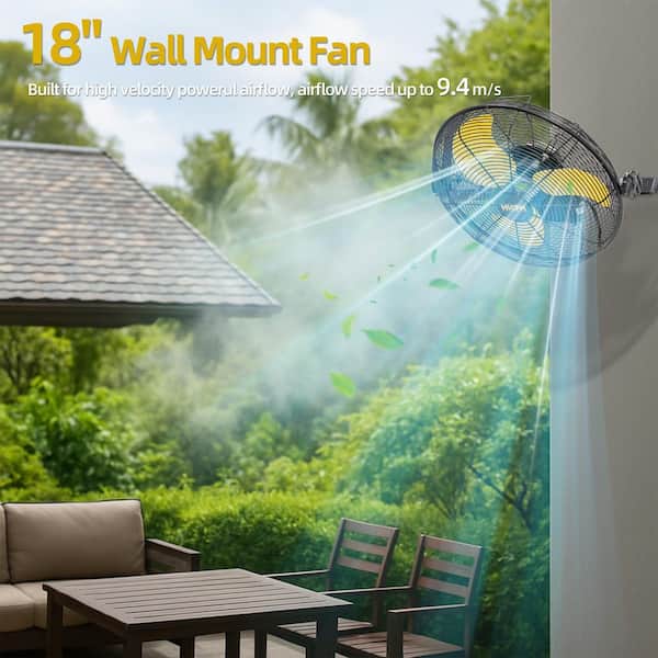 18 in. 3-Speeds High Velocity Wall Mounted Fan, Outdoor Waterproof Oscillating Industrial Wall Fan in Yellow, GFCI Plug